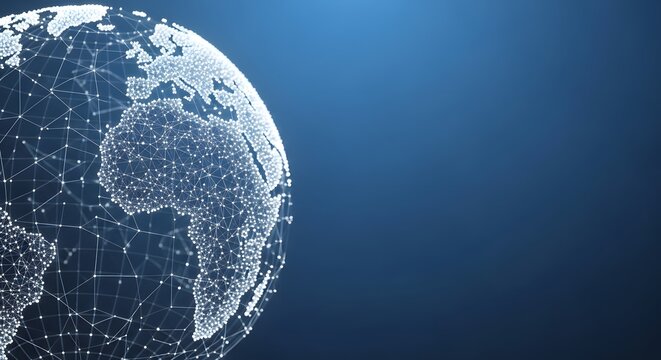 Digital earth globe with glowing connections on a dark blue background