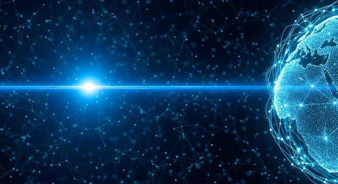 Abstract glowing blue sphere with light beam in a starry universe