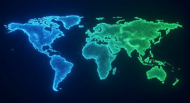 Glowing world map illustration with blue and green continents on black