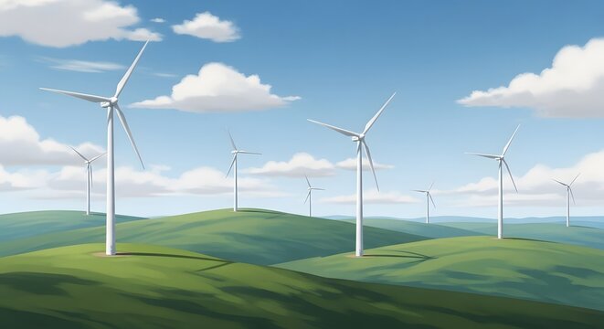 Wind turbines on green hills under a blue sky with clouds