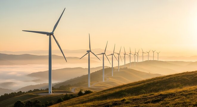 Wind turbines on a hill at sunrise generating green energy