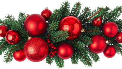 Festive Christmas Garland with Vibrant Red Baubles and Fresh Fir Branches, Isolated on Transparent Background - Cut Out