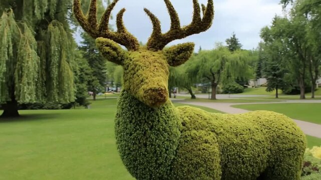 A magnificent topiary sculpture, expertly shaped like a majestic deer or stag, stands prominently in a beautifully manicured green park on a bright day. The intricate details of the animal's form, inc
