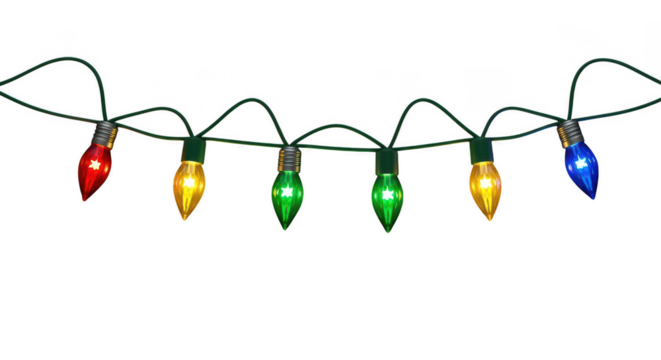 Colorful christmas lights string isolated on transparent background