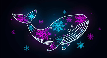 Celestial whale illustration filled with sparkling purple and blue snowflakes against a starry dark background