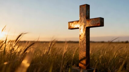 Rusty metal cross standing in a wheat field at sunset. Christian symbol of faith and resurrection with sun flare - Powered by Adobe