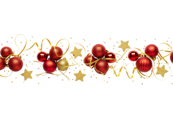 Red and golden christmas balls with confetti isolated on transparent background