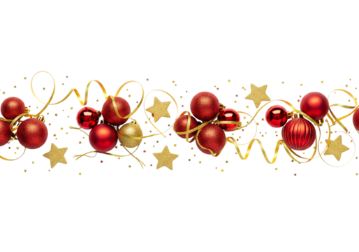 Red and golden christmas balls with confetti isolated on transparent background