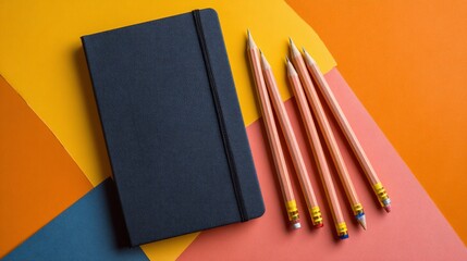 Dark notebook & pencils rest on vibrant, geometric, color-blocked background
