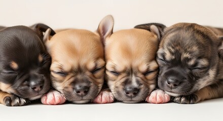 Four adorable newborn chihuahua puppies sleeping soundly side by side in a row