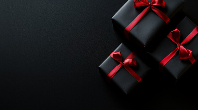 Black Friday flat lay composition with elegant Christmas gift boxes tied with ribbons on a dark black background, symbolizing luxury holiday shopping, premium packaging and seasonal  sale