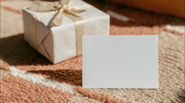 White gift box tied with shiny gold ribbon sits beside blank white card on textured beige-and-peach rug, bathed in warm sunlight—ideal for celebration, greeting, present, or gifting occasions.