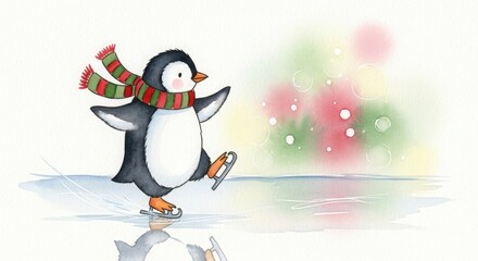 Fototapeta premium Cute penguin ice skating wearing a striped scarf winter