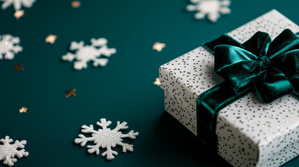 Horizontal banner featuring elegant gift boxes adorned with luxurious velvet ribbon bows, complemented by scattered paper snowflake decorations on a rich turquoise background holiday gifting concept