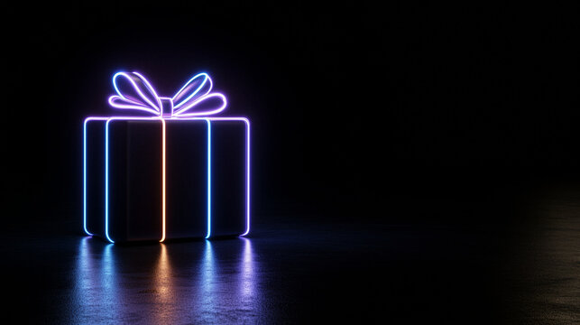Futuristic neon glowing gift box with radiant illuminated bow