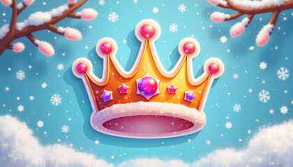 Sparkling winter candy crown sticker against snowy blue background, festive joy