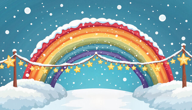 Colorful snow-covered rainbow bridge under twinkling stars, New Year emblem