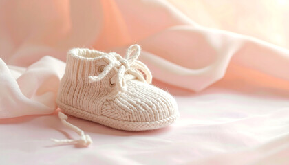 A single baby bootie placed on a soft pastel surface, highlighting tenderness and warmth