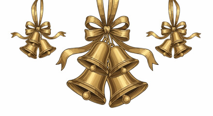 Three sets of golden christmas bells with ribbons and bows hanging against a white background scene view