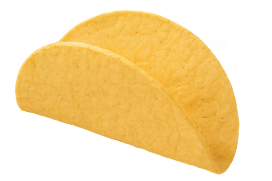 Empty crispy taco shell with hard corn tortilla texture, ready for filling, classic mexican food snack isolated