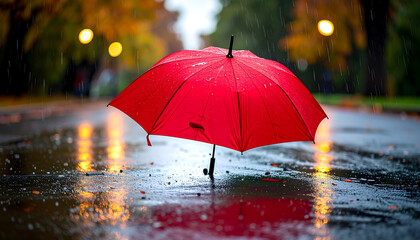 A single red umbrella standing on wet pavement in the rain, with dramatic reflections and cinematic lighting
