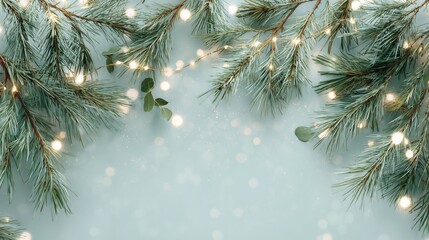 Christmas festive decor with pine branches, string lights, eucalyptus leaves, soft bokeh effects on light blue background—cozy ambient setting ideal for holiday greeting or decorative design.