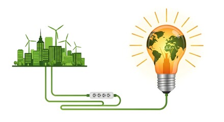 Sustainable cityscape powered by global green energy light bulb concept