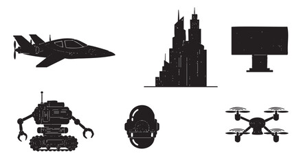 Obraz premium Collection of black silhouette icons with a distressed texture representing future technology, including a robot, drone, futuristic city, and aircraft