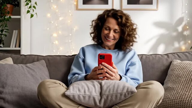 Woman on Sofa Reading Smartphone Under String Lights in Bright Living Room