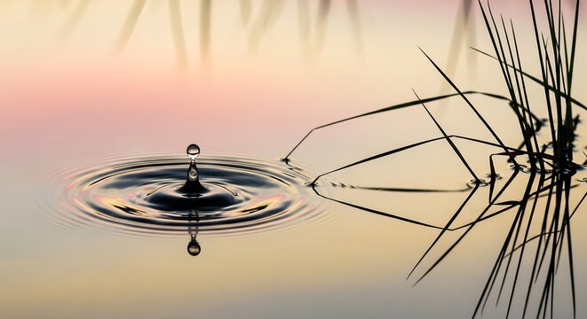 Captivating water drop splash ripples on calm surface with serene background and reflection of surrounding reeds creating mesmerizing patterns of light and shadow