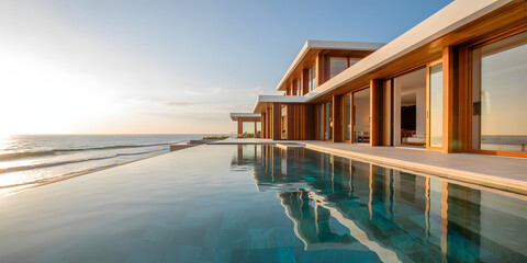 Wooden bungalow resort over the tropical lagoon water with a breathtaking sunset landscape