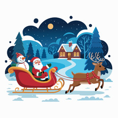 Naklejka premium Santa Claus Sleigh Ride Through a Snowy Winter Wonderland Illustration