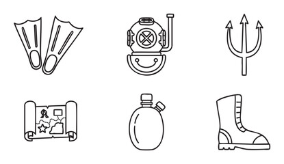 Fototapeta premium Set of minimalist black line art icons for adventure and exploration themes, including flippers, a diving helmet, trident, treasure map, canteen, and boot
