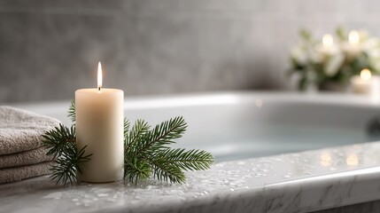 Christmas festive lit white candle, pine branches, folded towel on marble bathtub edge (gray background, blurred candles)—cozy holiday relaxation element ideal for decor, greeting design.