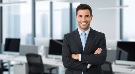 Fototapeta premium Confident Professional Portrait of a Smiling Man in Suit Standing in Modern Office Setting, Ready