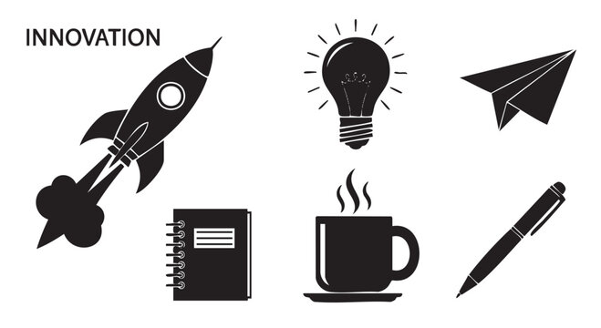 Set of black and white icons representing innovation, creativity, and startup concepts like a rocket, lightbulb, and paper plane