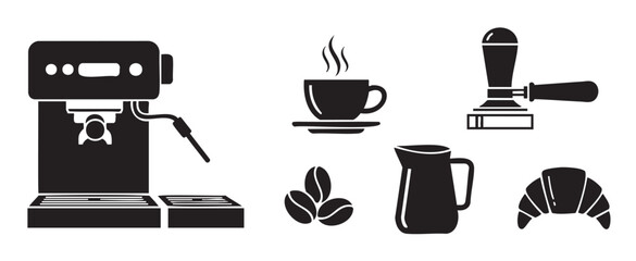 Minimalist vector icon set for a coffee shop or cafe, featuring a coffee maker, hot beverage, barista tools, beans, and a pastry against a clean white backdrop