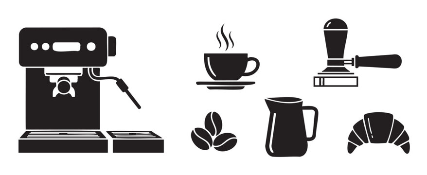 Minimalist vector icon set for a coffee shop or cafe, featuring a coffee maker, hot beverage, barista tools, beans, and a pastry against a clean white backdrop