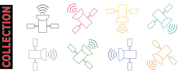 Communication Technology Satellite Outline Icons Collection, Diverse Colors Line Art Symbols for Global Broadcasting and Connectivity
