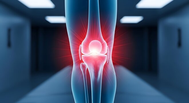 Radiant knee joint illustration highlighting potential pain, injury, or medical condition scan focus.