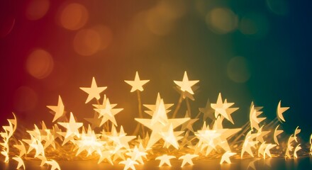 A dazzling array of glowing star-shaped lights illuminates a blurred, colorful background. Festive, warm glow.