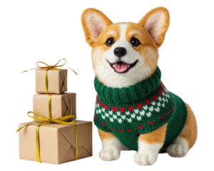 Cheerful Corgi in Christmas Sweater with Stacked Gifts: Holiday Joy