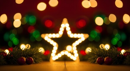 Illuminated star radiates warmth, surrounded by festive blurred lights, a holiday ambiance present.