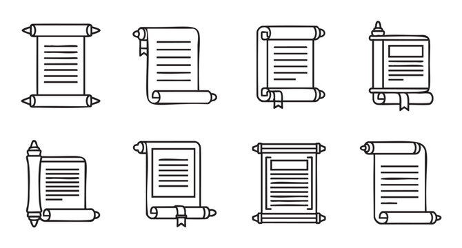Collection of ancient scroll and parchment icons in a black and white line art style