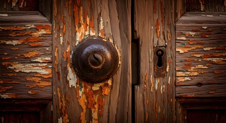 Extreme Close-up of Weathered Wooden Door with Peeling Paint and Rusted Knob