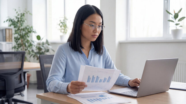 Young Asian Woman Reviewing Documents in Office