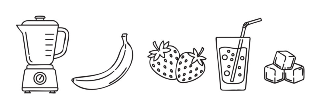 Simple black outline icon collection for a homemade smoothie recipe with a blender, fresh banana and strawberry fruit, ice cubes, and a finished cold beverage in a glass