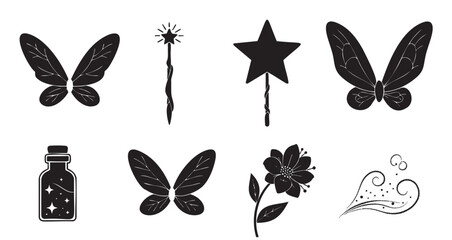 Collection of enchanting black silhouette icons featuring fairy wings, magic wands, a sparkling potion bottle, and floral elements