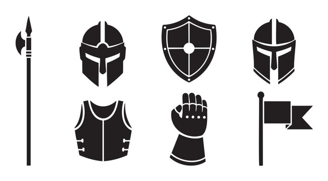 Set of black silhouette icons depicting medieval knight equipment, including a helmet, shield, gauntlet, body armor, halberd, and flag