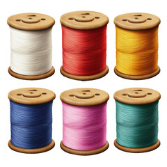 Assorted textile thread spools for crafting and sewing isolated on white transparent background